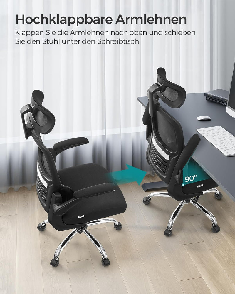 SONGMICS Bürostuhl, Schreibtischstuhl, ergonomisch, klappbare Armlehnen, hohe Rückenlehne, Netzstuhl