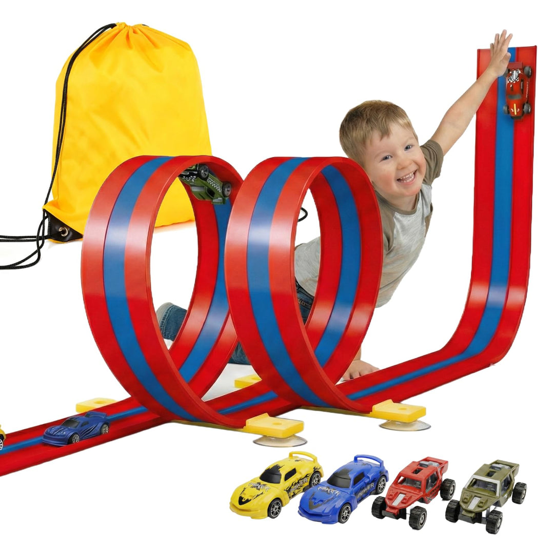 3-Spur Flexible Autorennbahn Set mit 2 Loopings (5M), Rennbahn mit Autos & Tragtasche, Schwerkraft &