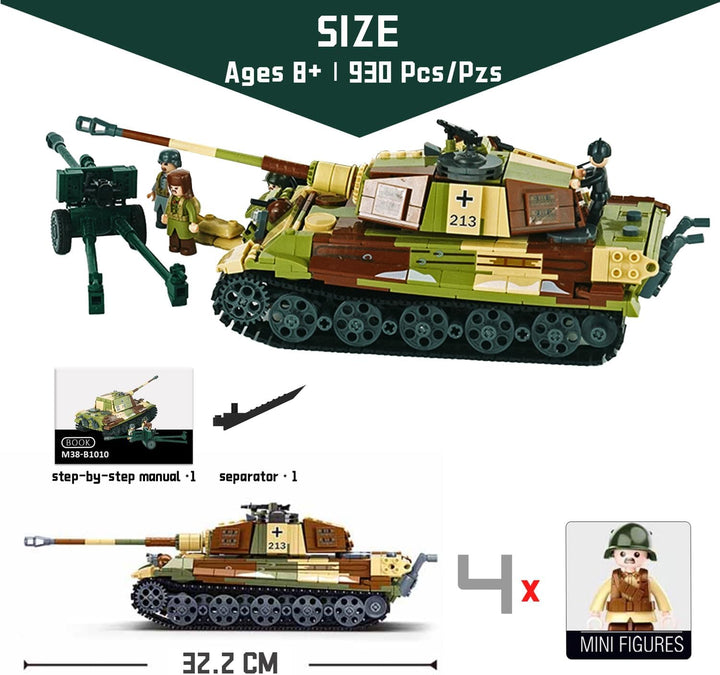 Tarcury Tiger II Schwerer Panzer WW2 Spielzeug-Baukasten - 930 PCS Army Spielzeugset mit 4 Spielzeug