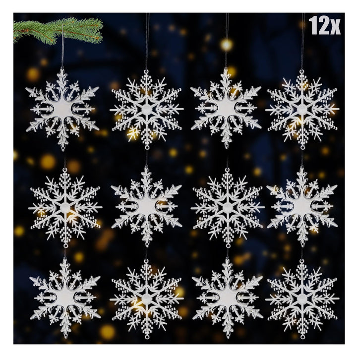 com-four® 12x Deko Anhänger Schneeflocken - Transparente 10 cm Schneeflocken-Anhänger mit Aufhängesc