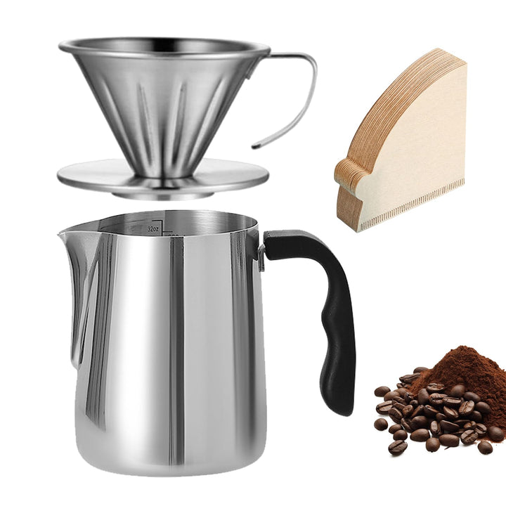Pour Over Kaffeebereiter Set, 600 ml 304 Edelstahl Kaffeeserver Kaffee Tropfer mit 100 Stück Papierf