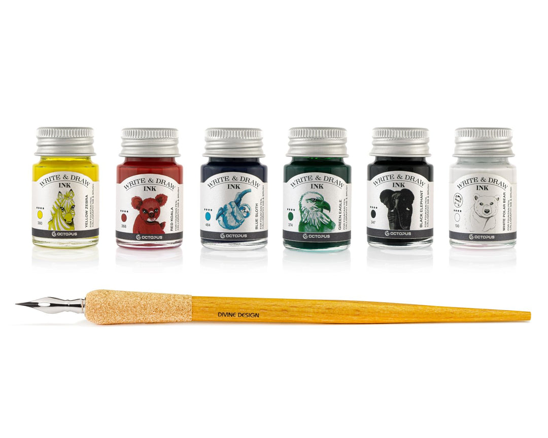 Octopus Write &amp; Draw Ink BASIC BRIGHT, 6x10 ml mit Zeichenfeder | Brillante wasserfeste Tinten mit H