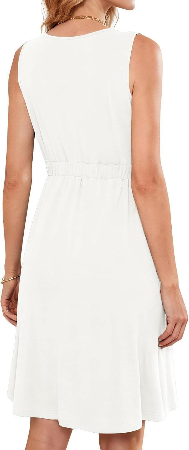 AUSELILY Sommerkleid Damen Ärmellos V-Ausschnitt Minikeid Casual Button Down Strandkleid mit Taschen