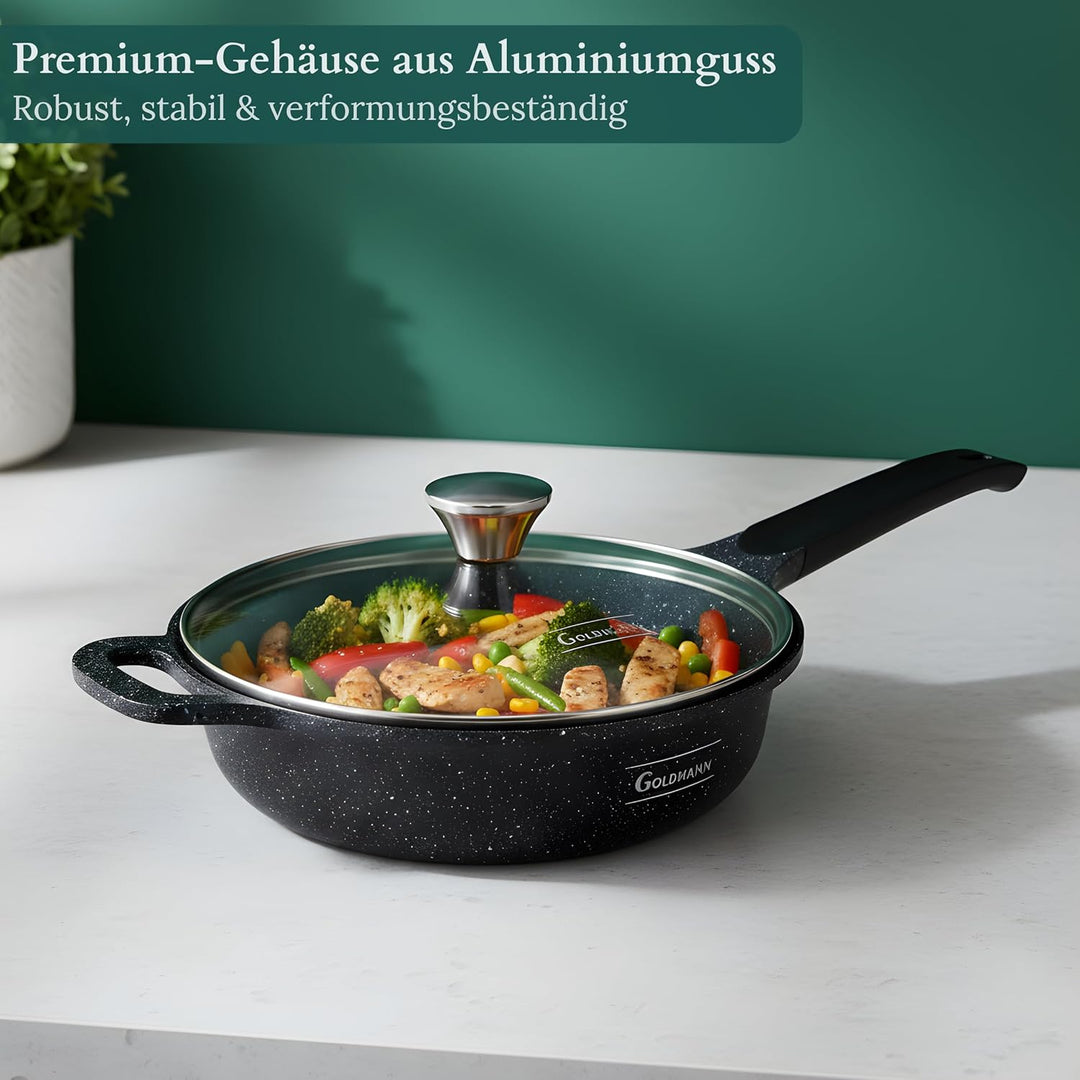 Goldmann Sauteuse 24 CM mit Deckel – Tiefe Bratpfanne aus Guss-Aluminium mit Marmor-Keramik Antihaft