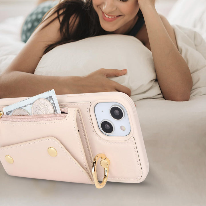 Lipvina Hülle für iPhone 15 Mit Band, Kartenhalter, Reissverschluss, Ring Ständer - Handyhülle Case
