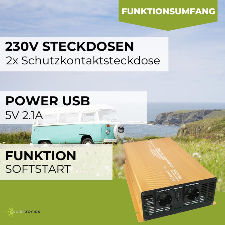 Wechselrichter - Spannungswandler 12V 300 bis 3000 Watt reiner SINUS mit echtem Power USB 2.1A Gold