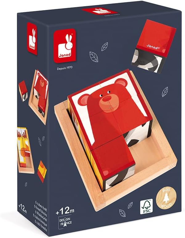 Janod - 6 Forest Blocks in Wooden Box FSC - Wooden Early - Learning Toy - Educational Game - Fine Mo