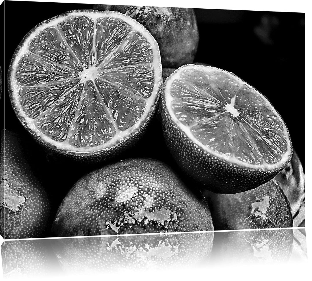 Pixxprint Monocrome, aufgeschnittene Limetten, Format: 100x70 auf Leinwand, riesige Bilder fertig ge