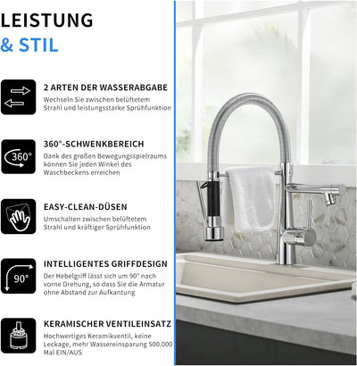 TIMACO Wasserhahn Küche Chrom mit Schloss Brause Ausziehbar - 360° Schwenkbare- Pull-Down-Spray - Ho