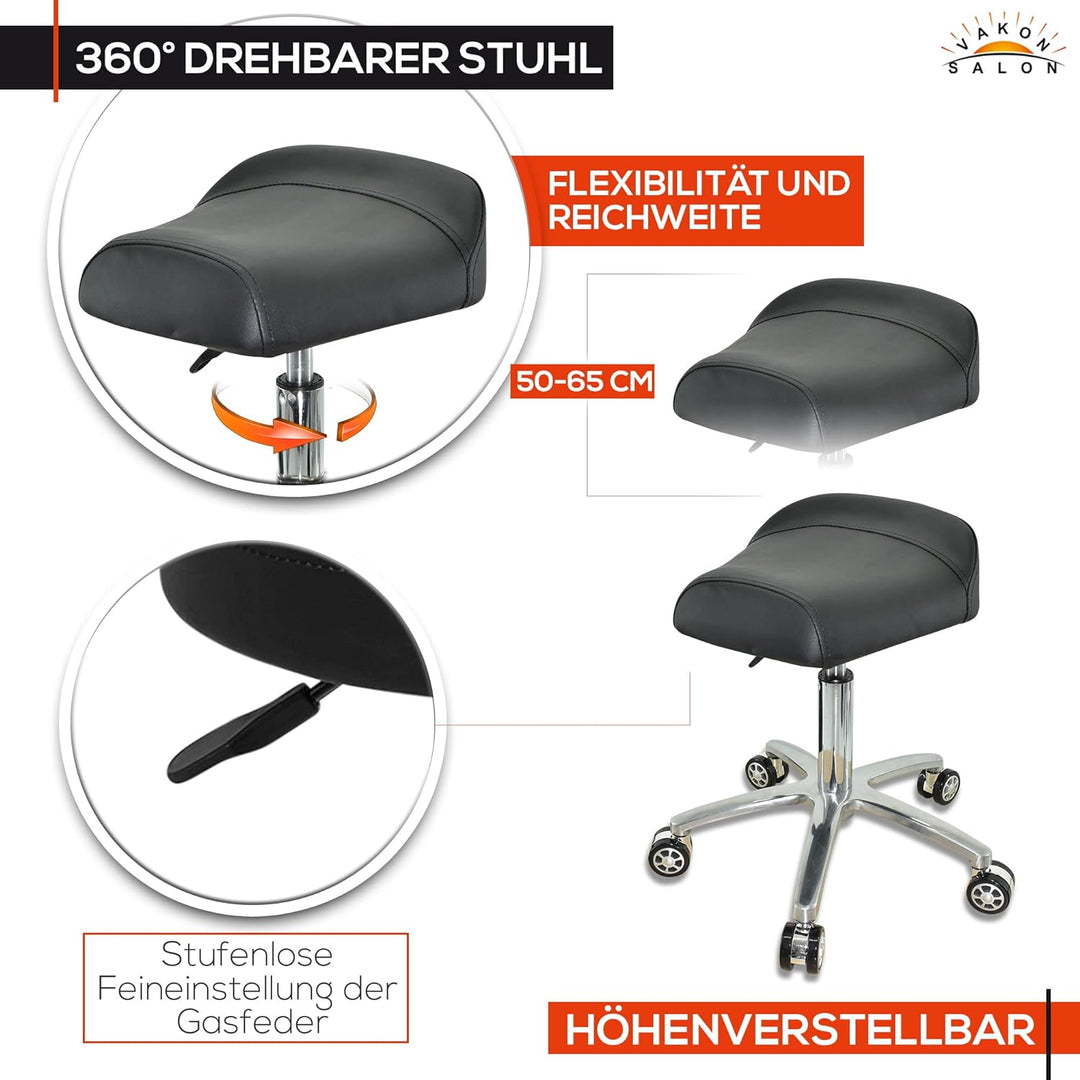 VAKON SALON - Breitsitz Arbeitshocker auf Rollen, höhenverstellbar von 50-65 cm - Drehhocker, Rollho