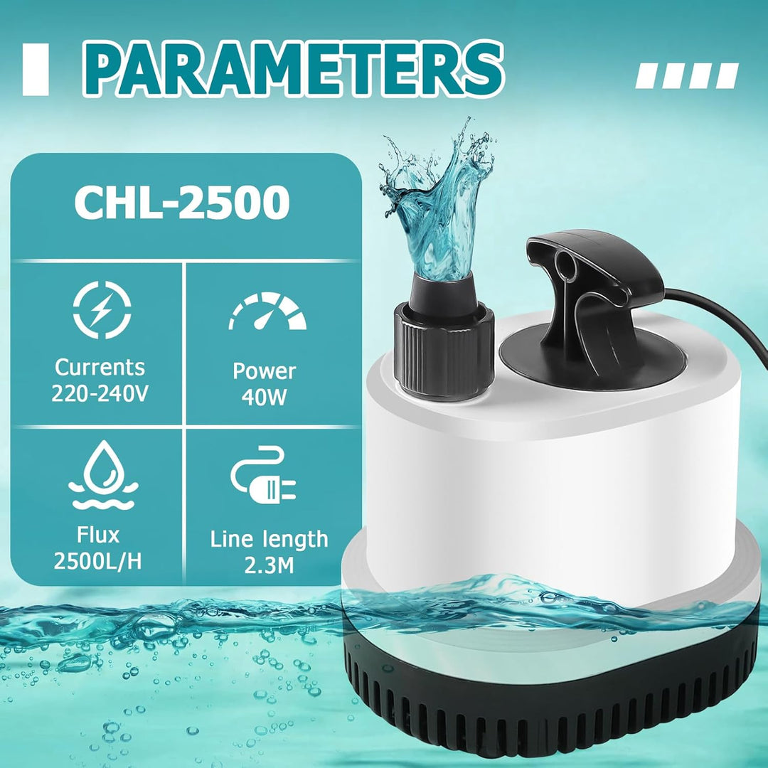 EXLECO Tauchpumpe Klein Wasserpumpe Mini Aquarium Pumpe Max.2500L/H 40W 220-240V Förderpumpe Springb