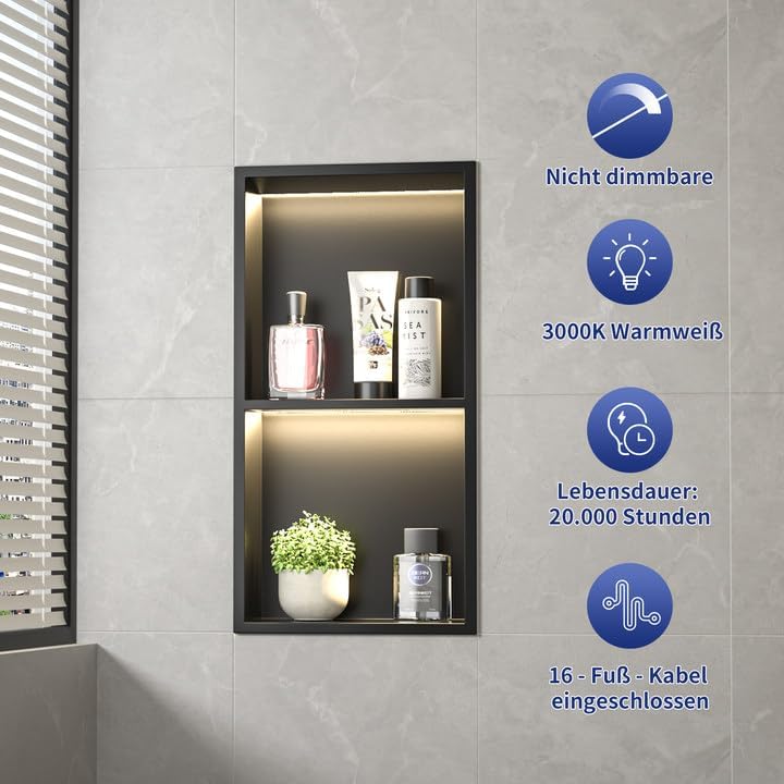 Wandnische Dusche Edelstahl mit LED, Unterputz Duschregal, Zweilagige Wandnische Bad Nische Duschnis