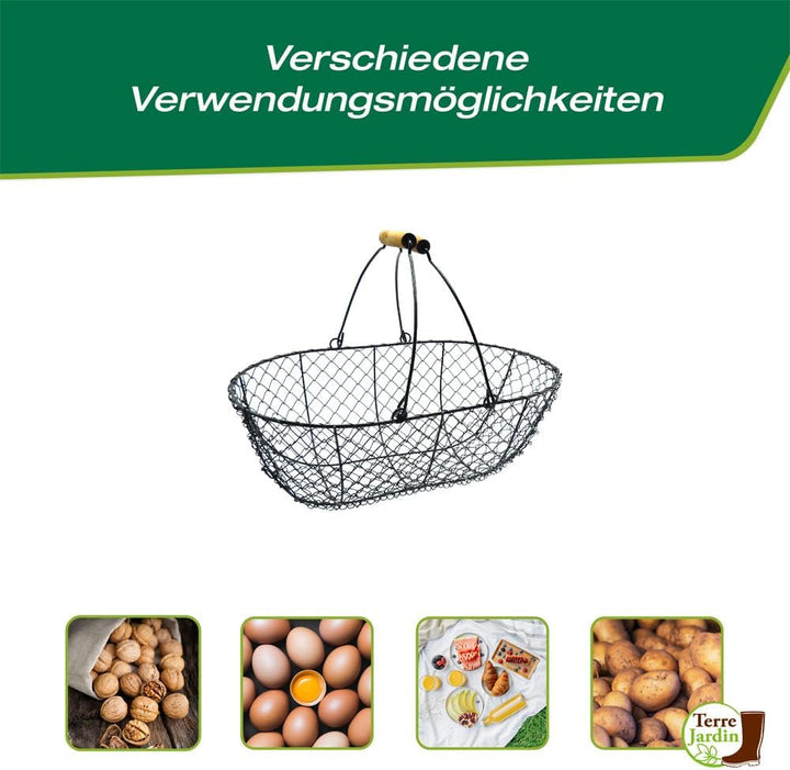 TERRE JARDIN - Erntekorb aus schwarzem Metall mit Holzgriffen, 8 l