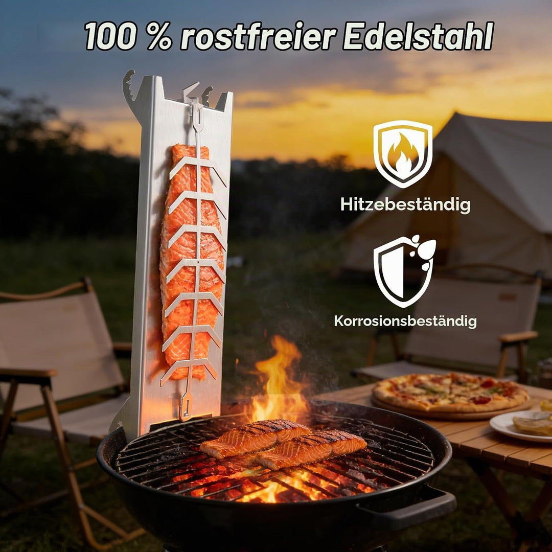 Flammlachsbrett Edelstahl 54×17cm, Flammlachshalter für Feuerschale Keine Schrauben nötig, 180° Dreh