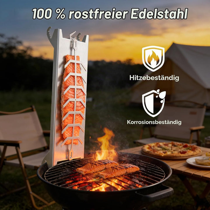 Flammlachsbrett Edelstahl 54×17cm, Flammlachshalter für Feuerschale Keine Schrauben nötig, 180° Dreh
