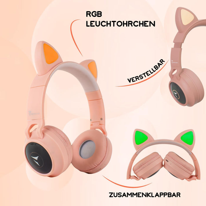 Techmade - Kabellose LED-Kopfhörer | Katzenohr-Design mit Mikrofon | Klarer Klang & Funktionstasten