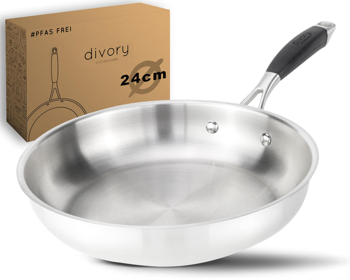 DIVORY Edelstahlpfanne 24cm – Ohne PTFE & PFOA, unbeschichtete Pfanne aus Edelstahl, Induktion geeig