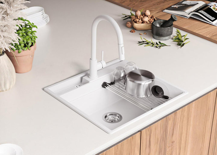 PRIMAGRAN Spülbecken Weiss 58x53cm, Granitspüle 1 Becken + Ablauf-Set, Küchenspüle ab 60er Unterschr