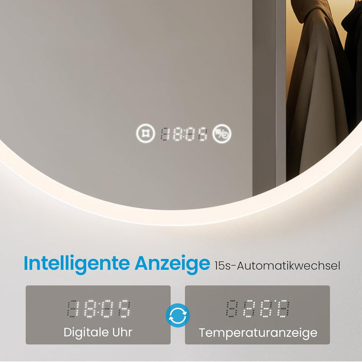Heilmetz LED Badspiegel Rund 60cm mit Acrylrahmen, Badezimmerspiegel mit Beleuchtung & Uhr, Wandspie