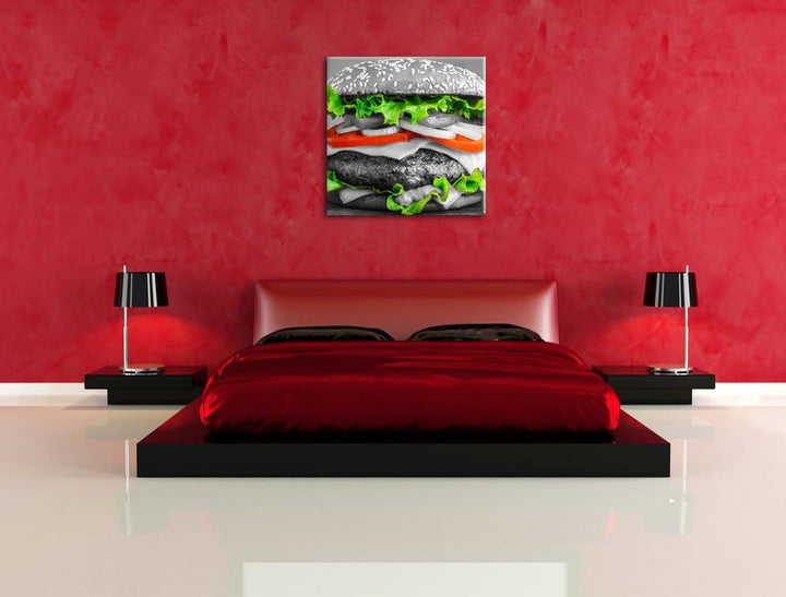 Pixxprint leckerer Hamburger mit Zwiebeln schwarz/weiss, Format: 70x70 als Leinwandbild, 70x70