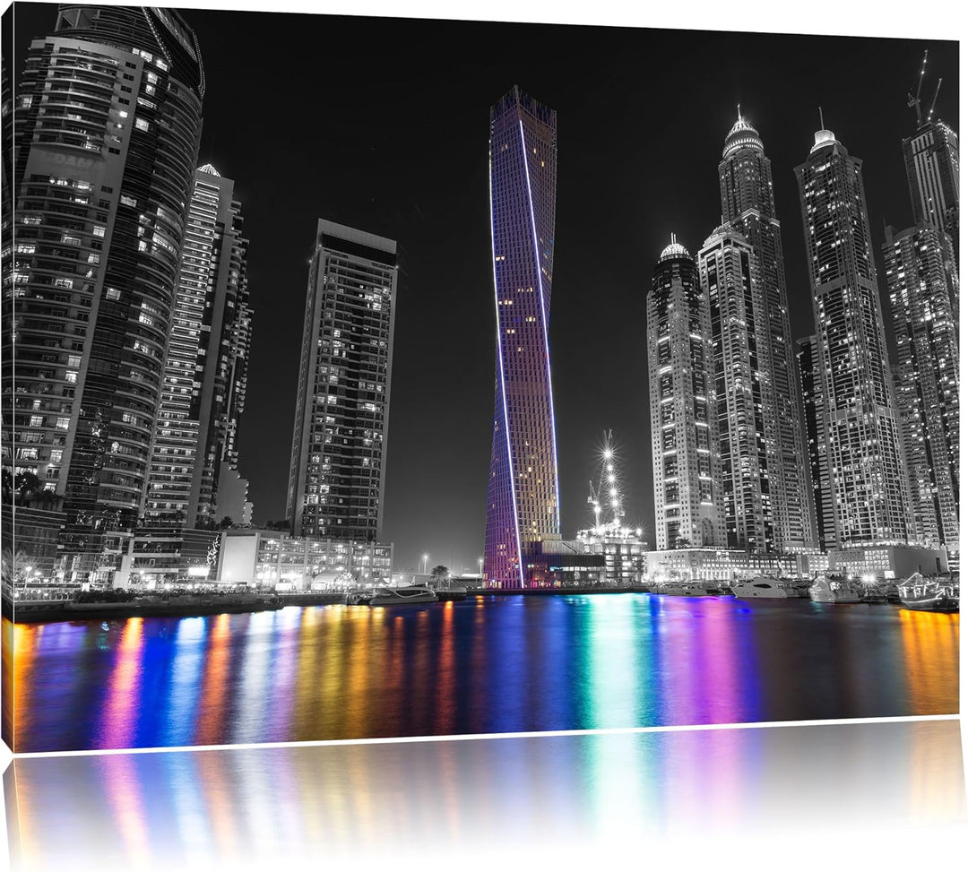 Skyline von Dubai bei Nacht schwarz/weiss Format: 100x70 auf Leinwand, XXL riesige Bilder fertig ger