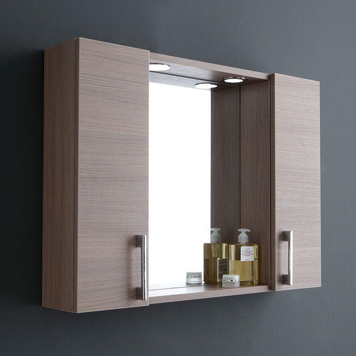 KIAMAMI VALENTINA Ablagespiegel mit Seitenschränken, Regal und LED-Strahlern 77cm Eiche Rauch
