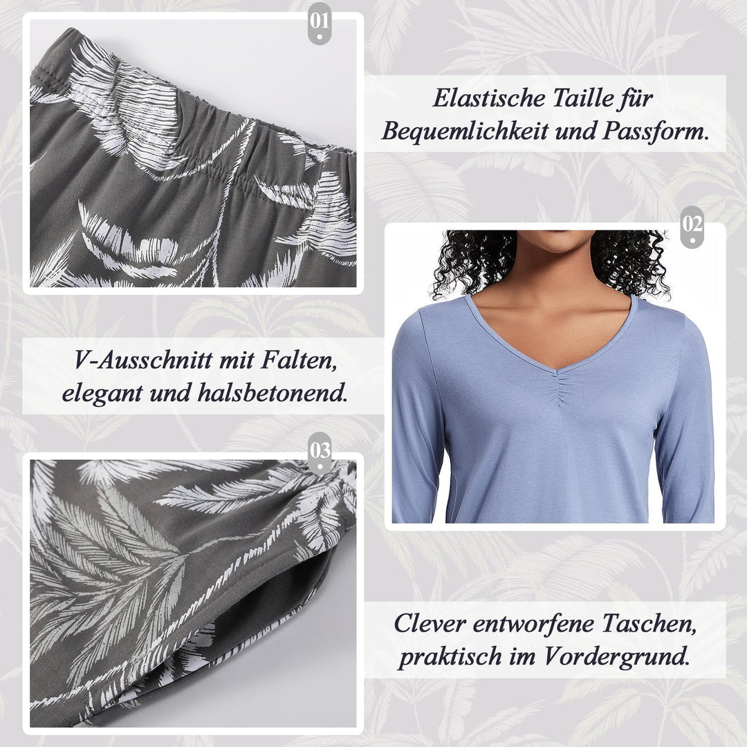 Mnamo Damen Schlafanzug Weich Gestricktes Pyjama Set Gemütliche Nachtwäsche Baumwolle und Modal Atmu