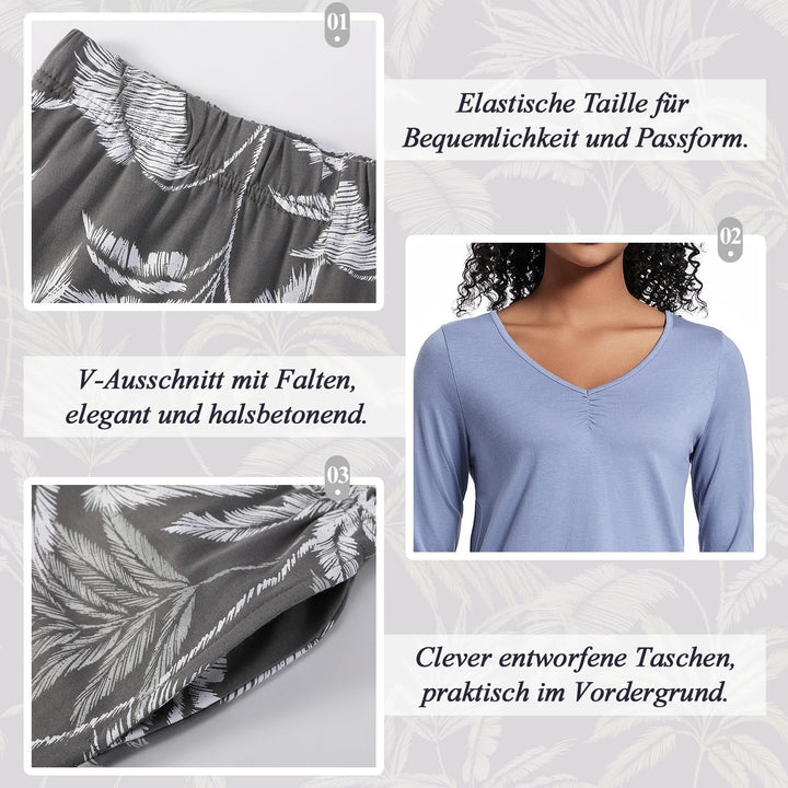 Mnamo Damen Schlafanzug Weich Gestricktes Pyjama Set Gemütliche Nachtwäsche Baumwolle und Modal Atmu