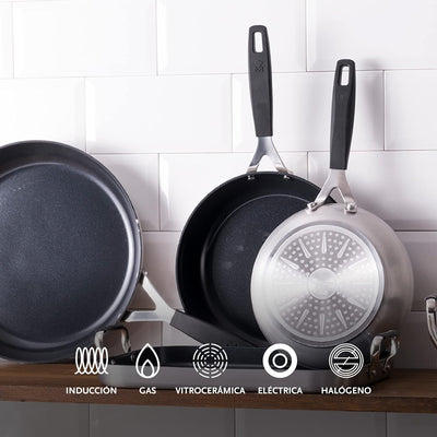 MasterPro Smart | 3er Set Bratpfannen 20, 24 und 28 cm, Wok 28 cm und 4er Set Schutzhüllen | geschmi