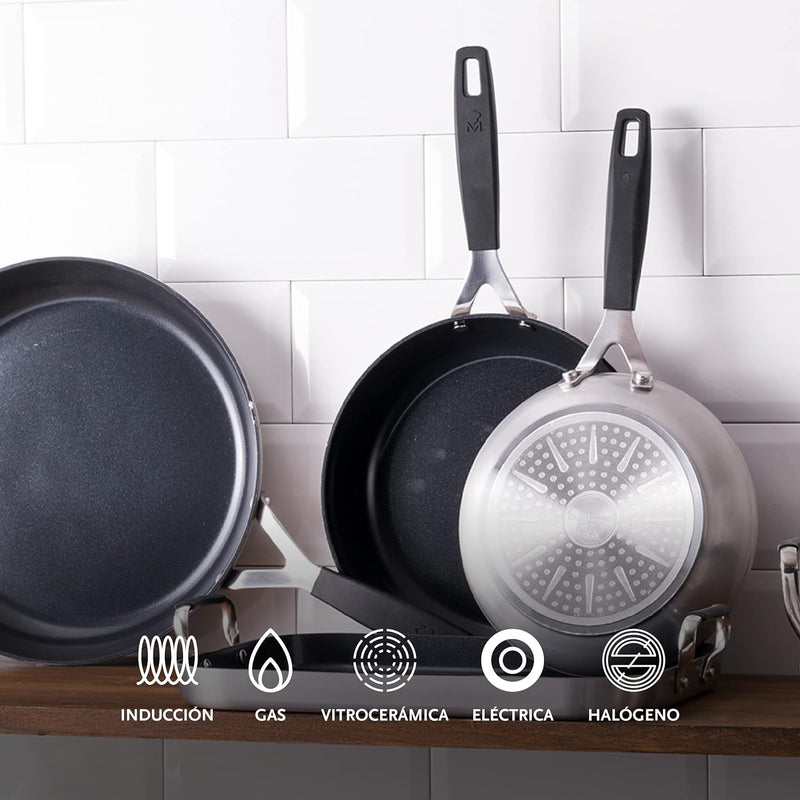 MasterPro Smart | 3er Set Bratpfannen 20, 24 und 28 cm, Wok 28 cm und 4er Set Schutzhüllen | geschmi