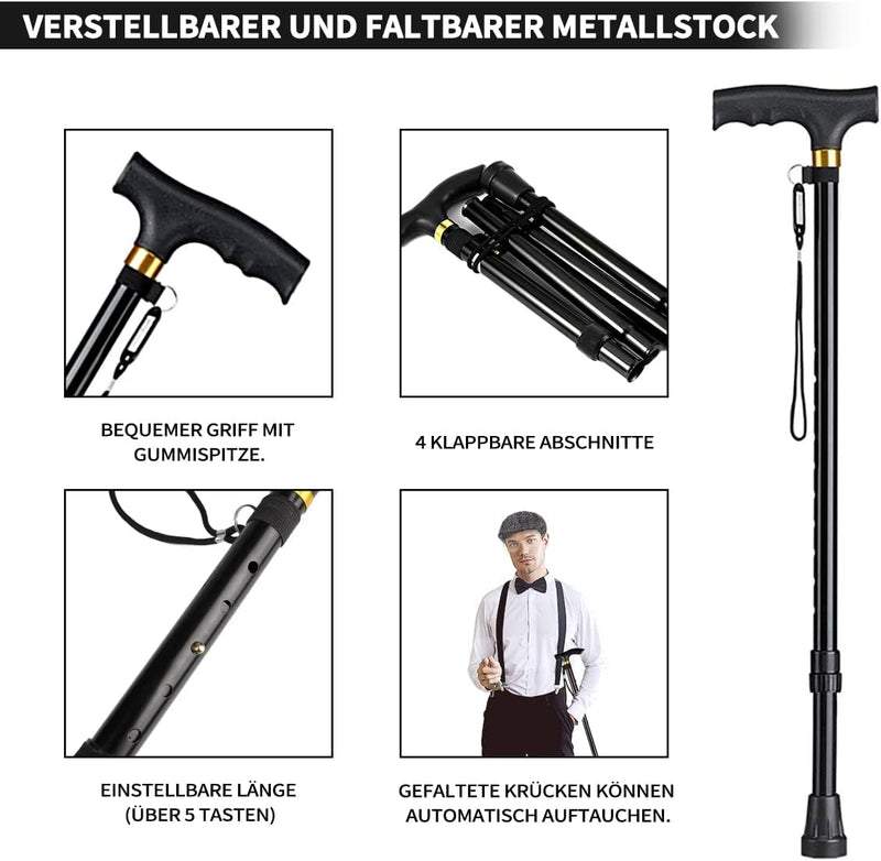 WILDPARTY 20er Jahre Kostüm Herren Accessoires, Faltbarer Krücken Metall, Panamahut, Taschenuhr, Met