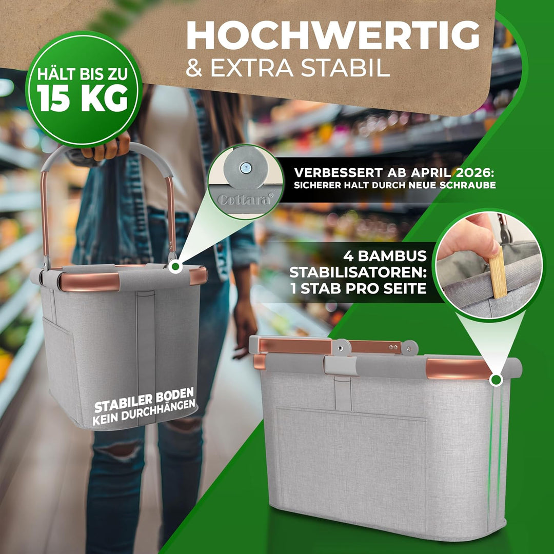 30l stabiler Einkaufskorb gross | Tragekorb mit Henkel und verstärktem Boden, Frontfach und Innentas