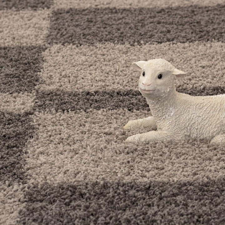 Carpetsale24 Teppich Wohnzimmer Moderne Kariert Design Shaggy Flokati 120 cm Rund Taupe-Beige - Hoch