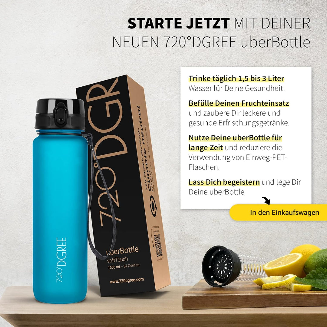720°DGREE Trinkflasche 1l “uberBottle“ softTouch +Früchtebehälter - BPA-Frei - Schlanke Wasserflasch
