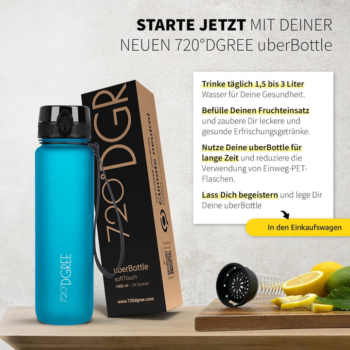720°DGREE Trinkflasche 1l “uberBottle“ softTouch +Früchtebehälter - BPA-Frei - Schlanke Wasserflasch