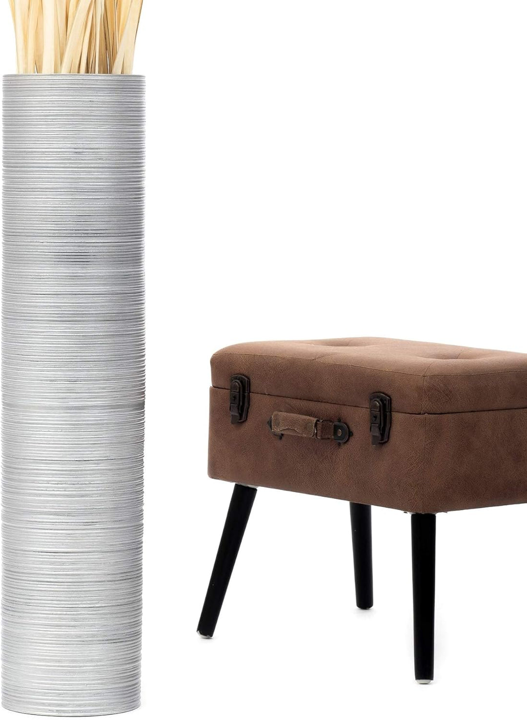 Leewadee Grosse Bodenvase für Dekozweige hohe Standvase Design Holzvase, Holz, 90 cm, Silber 90 cm S