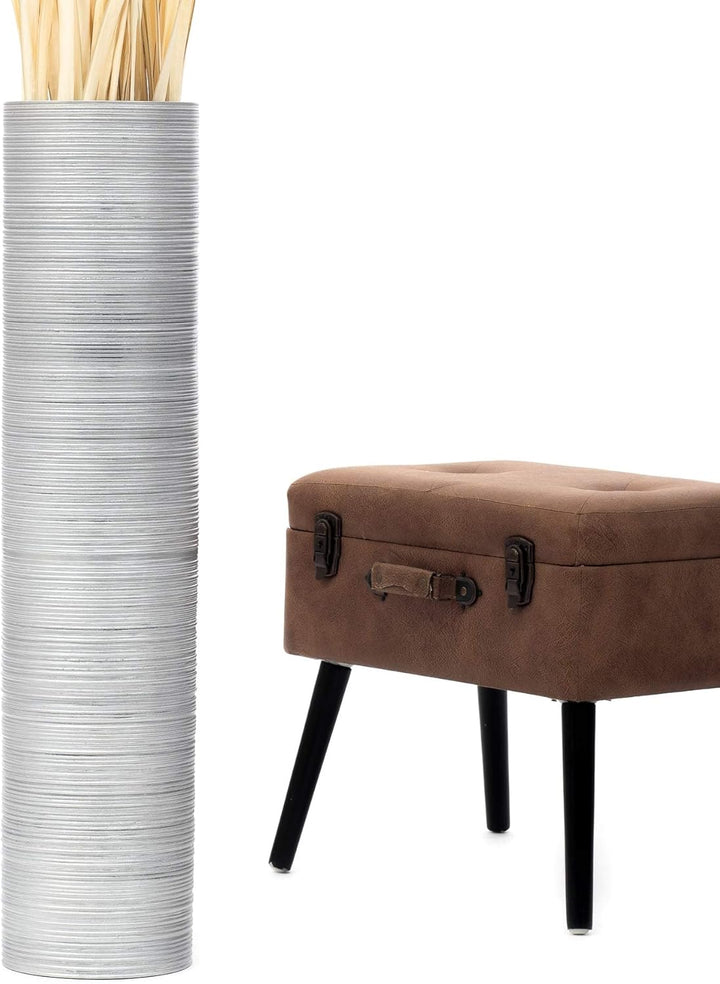 Leewadee Grosse Bodenvase für Dekozweige hohe Standvase Design Holzvase, Holz, 90 cm, Silber 90 cm S