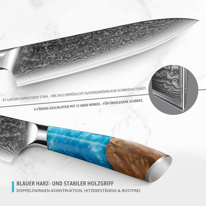 hecef Damastmesser, Kochmesser Profi Messer mit Ergonomischem Harzgriff, 67 Lagen Damast Küchenmesse