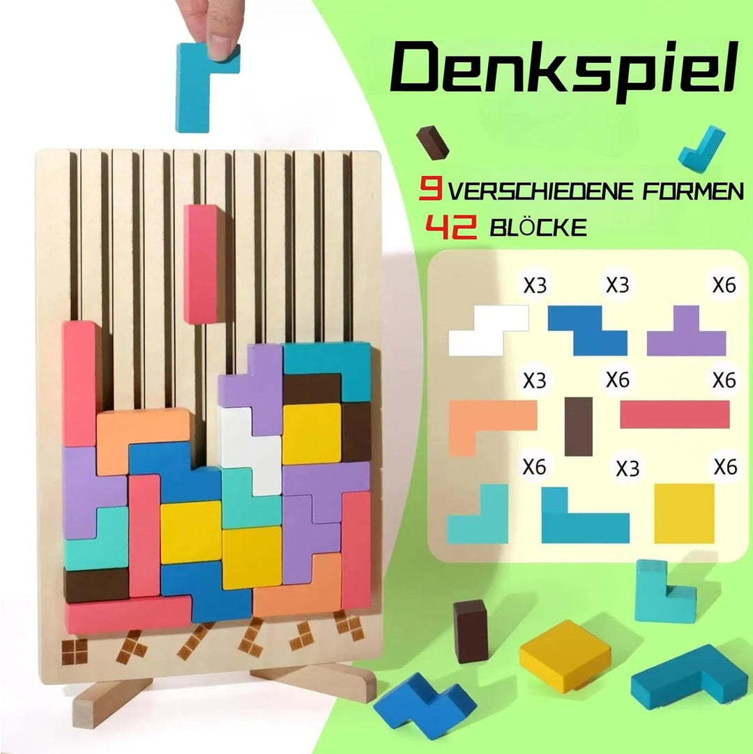 Tetris Holzpuzzle Kinder, Holz Tetris Stapelpuzzle Spielzeug mit 10 Karten, 3D Bunt Tetris Blöcke St