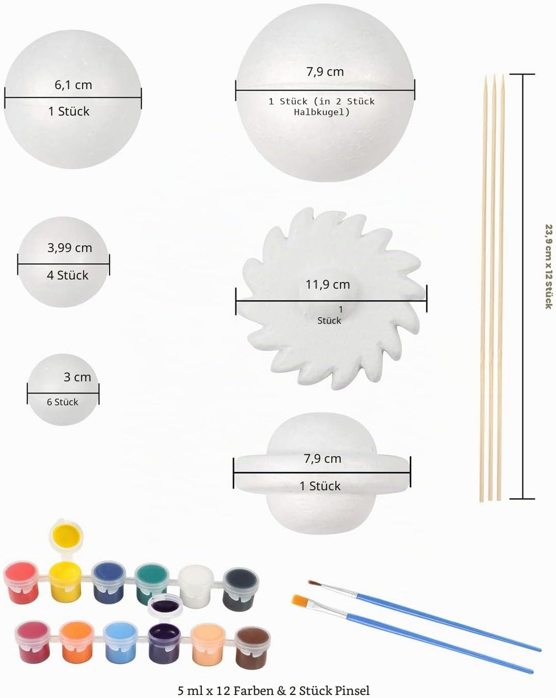 Pllieay Solarsystem-Modell-Schaumkugel-Set enthält 14 Polystyrol-Kugeln, 12 Bambusstäbe, 12 Farbpigm