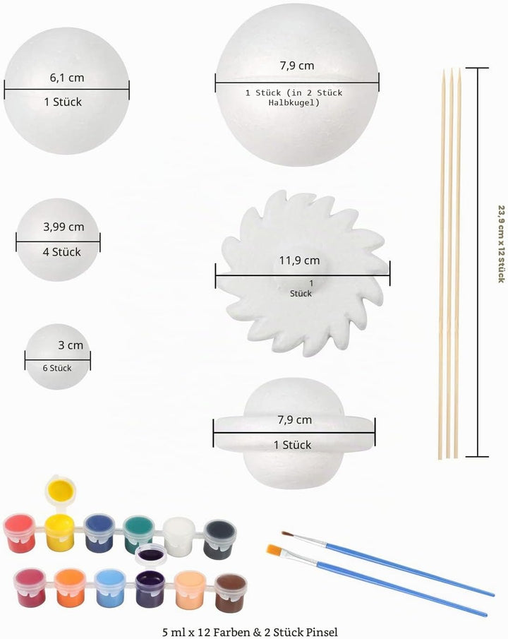 Pllieay Solarsystem-Modell-Schaumkugel-Set enthält 14 Polystyrol-Kugeln, 12 Bambusstäbe, 12 Farbpigm