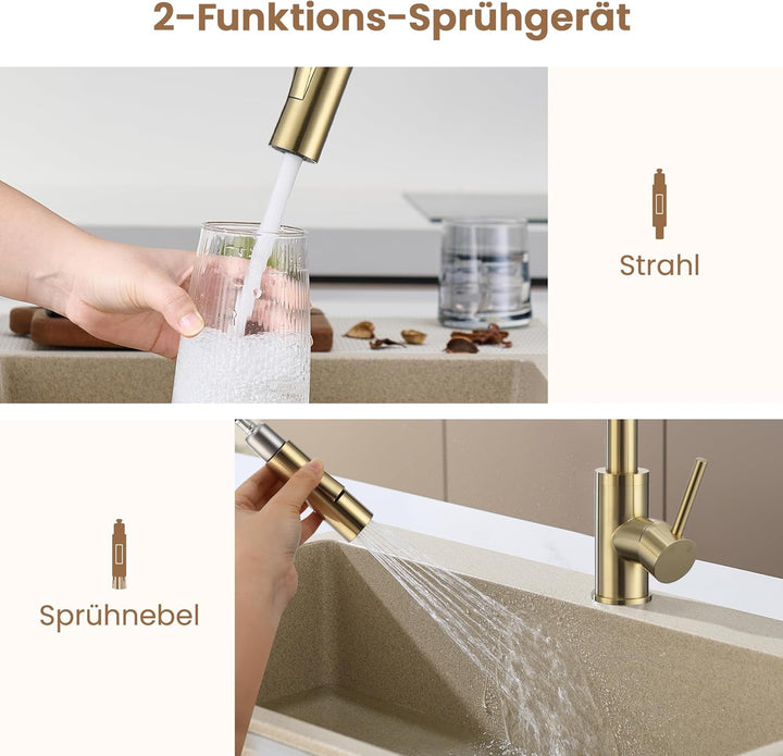 KPW Küchenarmatur Edelstahl Gold Gebürstet mit Herausziehbarer Brause – Spültischarmatur mit Hohem A