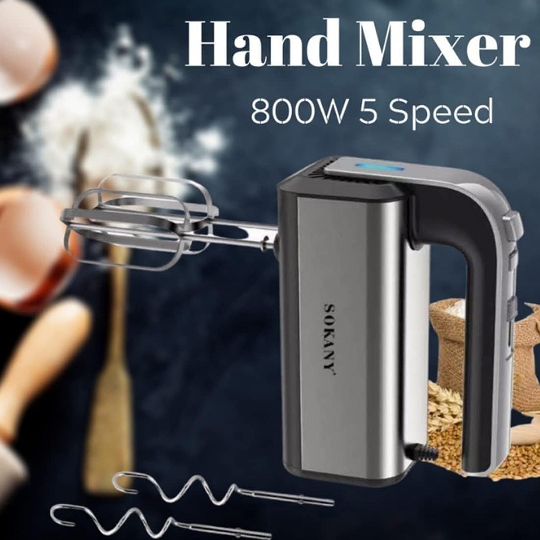 SOKANY 800W Handrührgerät Edelstahlkneter Handmixer, 5 Geschwindigkeiten mit Exit-Taste, Handrührer