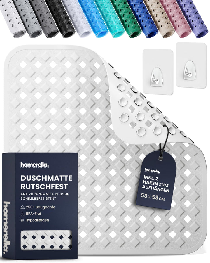 Homerella Duschmatte rutschfest 53x53 cm Dusche - mit 2 Klebehaken Weiss | Fester Halt auf glatten D