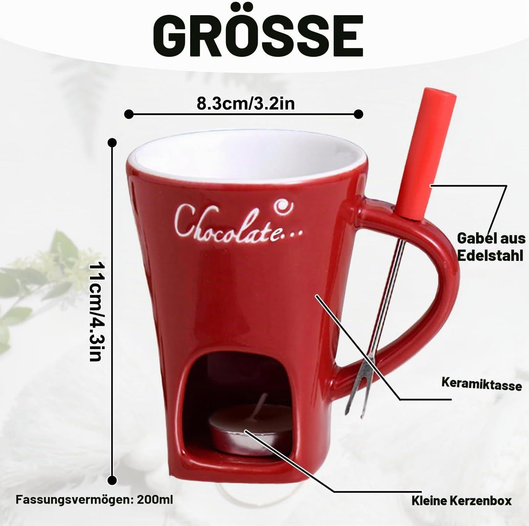 WELLXUNK Schokoladen Fondue Becher Set, 200 ml Keramik Schokoladenfondue Tasse, Rot Schokofondue Tas