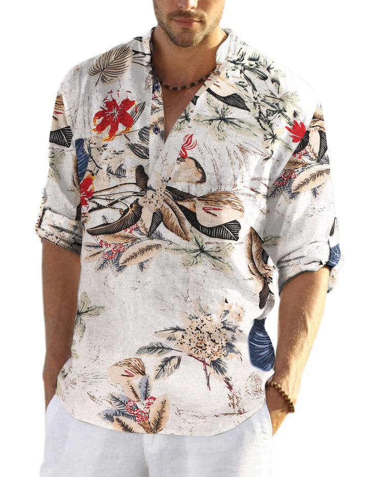 COOFANDY Herren Hemd Langarm Henley Shirt Leinenhemd Baumwolle Casual Regular Fit Sommerhemd Khaki-b