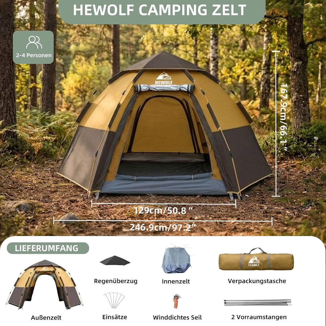 Hewolf Camping Zelt - Zelt 2/3/4 Personen Wasserdicht mit Vorzelt Familienzelt Einfache Einrichtung