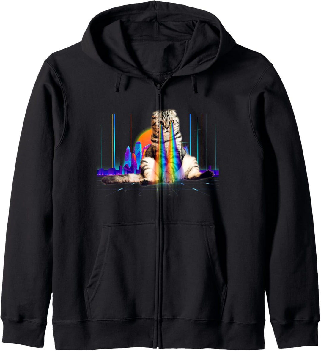 Psychedelische Vaporwave Katze mit Regenbogen Lasern Kapuzenjacke