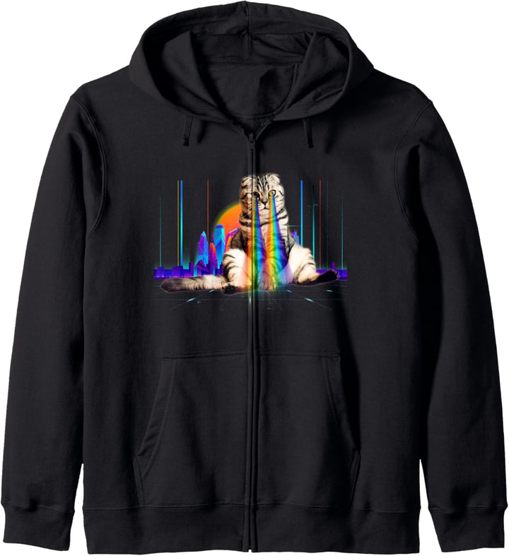 Psychedelische Vaporwave Katze mit Regenbogen Lasern Kapuzenjacke