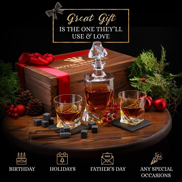 Whisky Geschenkset – Whiskey Gläser, Karaffe, Steine, Eiszange, Untersetzer, Holzkiste, Samtbeutel,